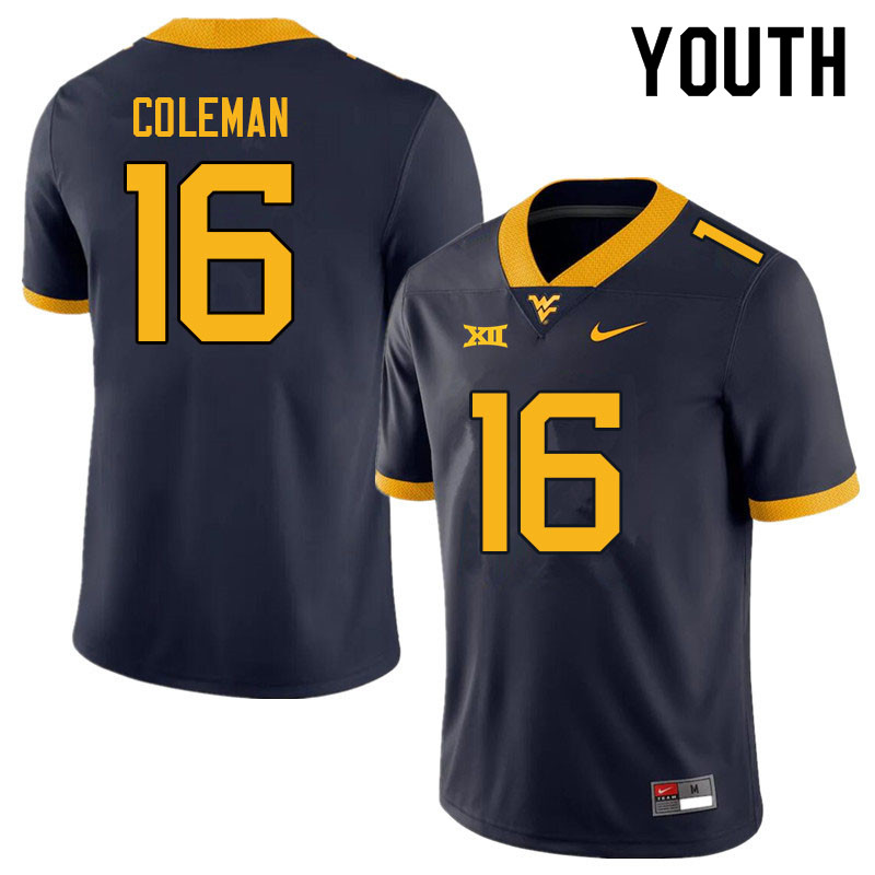 NCAA Youth Caleb Coleman West Virginia Mountaineers Navy #16 Nike Stitched Football College Authentic Jersey TP23T12DB
